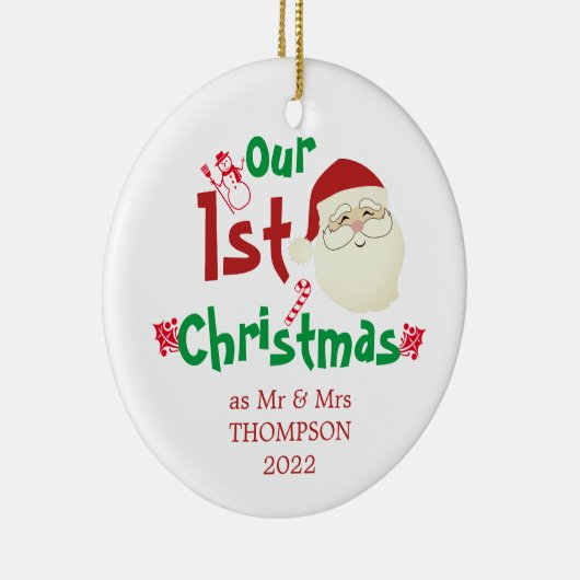 Fun Cute Our First Kerstmis als Mr & Mrs. Keramisch Ornament (Rechts)