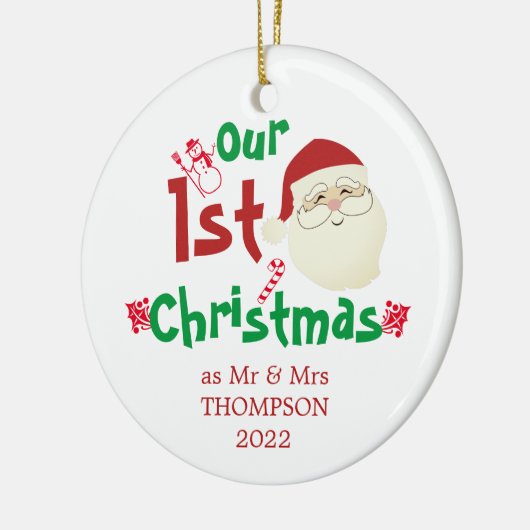 Fun Cute Our First Kerstmis als Mr & Mrs. Keramisch Ornament (Links)