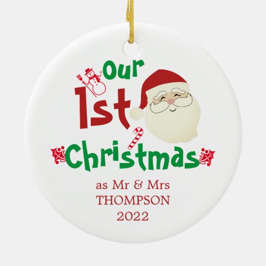 Fun Cute Our First Kerstmis als Mr & Mrs. Keramisch Ornament (Achterkant)