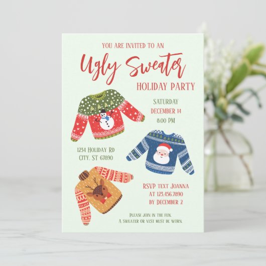 Fun Cute Ugly Sweater kerst Party Uitnodiging (Staand voorkant)