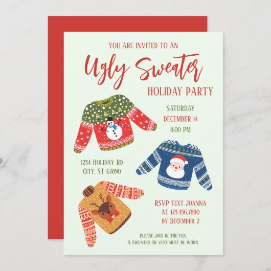 Fun Cute Ugly Sweater kerst Party Uitnodiging (Voorkant / Achterkant)