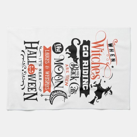 Fun Cute Witch Moon Black Cats Halloween Theedoek (Horizontaal)