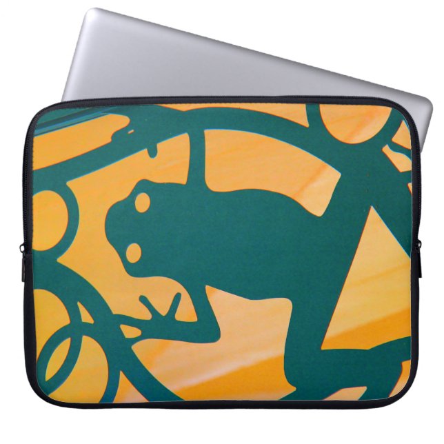 Fun Cutout Frog, Green on Yellow Background Laptop Sleeve (Voorkant)