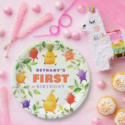 Fun Dancing Fruit Eerste 1e Verjaardagsfeest Papieren Bordje (Feest)