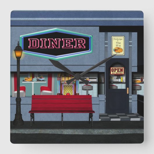 Fun Diner Clock Vierkante Klok (Voorkant)