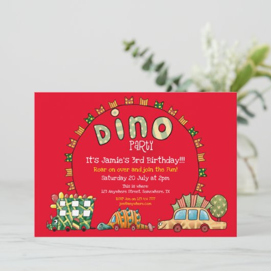 Fun Dino Cars en Flags Boys Dinosaur Party Rood Kaart (Staand voorkant)