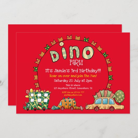 Fun Dino Cars en Flags Boys Dinosaur Party Rood Kaart (Voorkant / Achterkant)