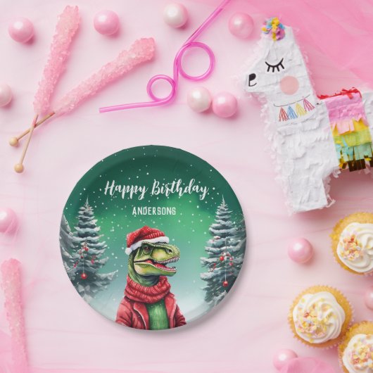 Fun Dino Kerstboom Verjaardag Jongens Sneeuwfeest Papieren Bordje (Feest)