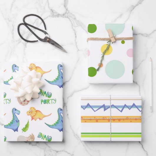 Fun Dino Party Dinosaur Stippen Lines Cute Kinder Inpakpapier Vel (Voorkant)