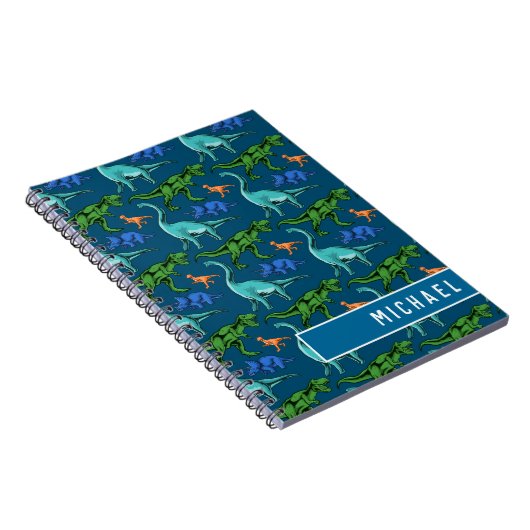 Fun Dinosaur Pattern Kinder Blue Name School Notitieboek (Rechterzijde)
