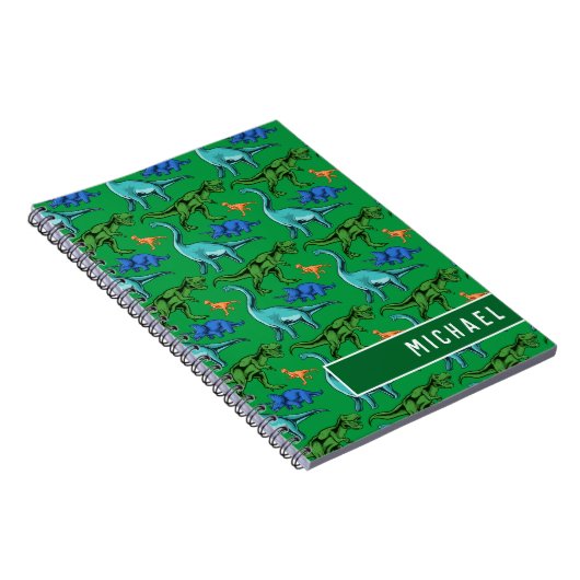 Fun Dinosaur Pattern Kinder Green Name School Notitieboek (Rechterzijde)