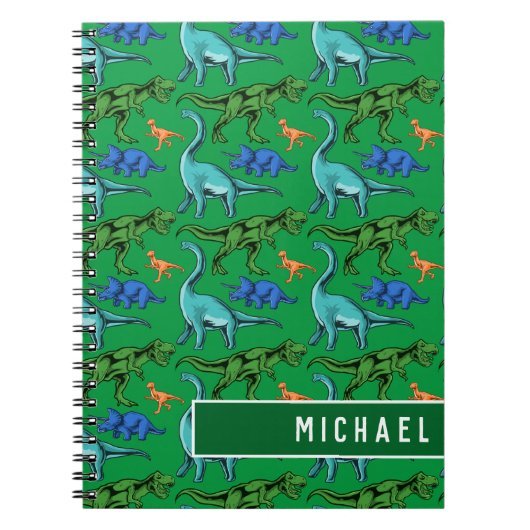Fun Dinosaur Pattern Kinder Green Name School Notitieboek (Voorkant)
