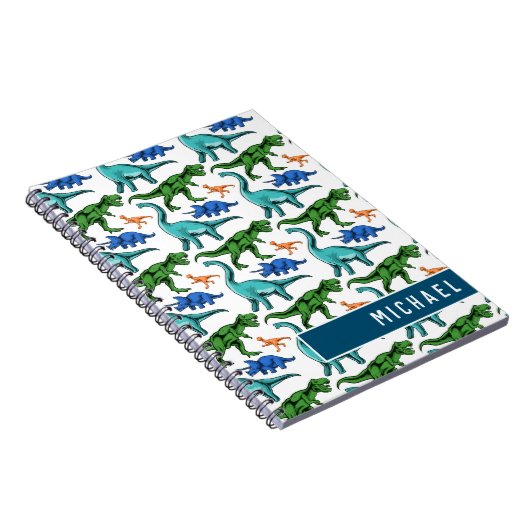 Fun Dinosaur Pattern Kinder White Blue Name School Notitieboek (Rechterzijde)