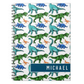 Fun Dinosaur Pattern Kinder White Blue Name School Notitieboek (Voorkant)