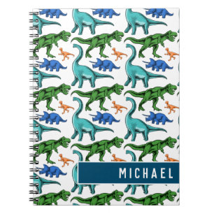 Fun Dinosaur Pattern Kinder White Blue Name School Notitieboek