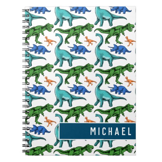 Fun Dinosaur Pattern Kinder White Blue Name School Notitieboek (Voorkant)