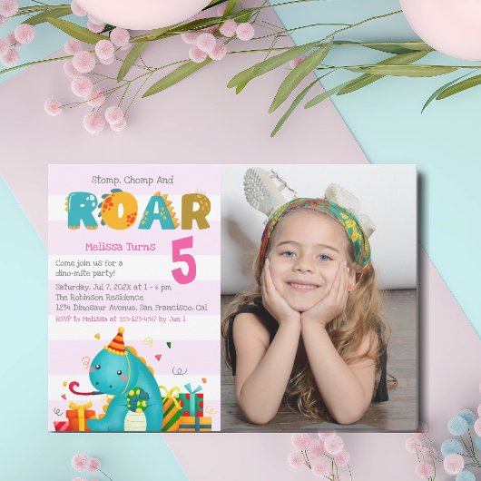 Fun Dinosaur Stomp Chomp and roar Birthday Girl Kaart