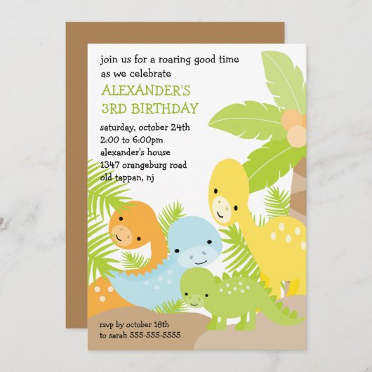 Fun Dinosaurs Birthday Uitnodiging (Voorkant / Achterkant)