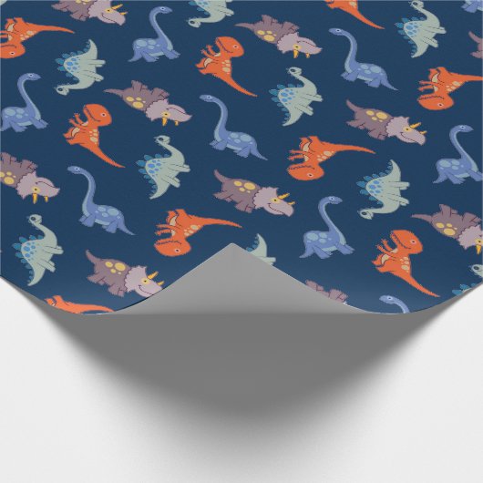 Fun Dinosaurs op Navy Blue Cadeaupapier (Hoek)