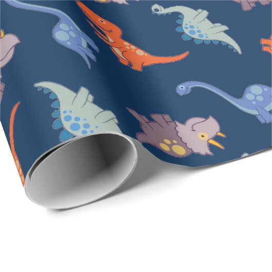 Fun Dinosaurs op Navy Blue Cadeaupapier (Rol Hoek)