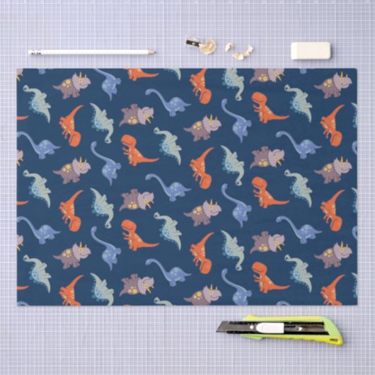 Fun Dinosaurs op Navy Blue Tissuepapier (Craft)