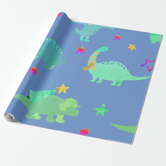 FUN DINOSOAR IN DE WRAPPINGSPAPIER VAN HET BLAUWE  CADEAUPAPIER (Uitgerold)