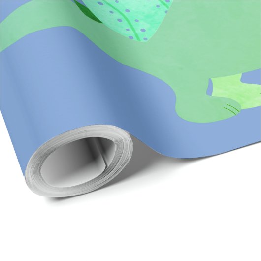 FUN DINOSOAR IN DE WRAPPINGSPAPIER VAN HET BLAUWE  CADEAUPAPIER (Rol Hoek)