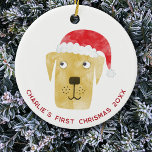 Fun Dog First Christmas gepersonaliseerd Keramisch Ornament<br><div class="desc">Schattigee en schattige hond in een rode kerstmuts. Wijzig de naam,  datum en tekst om deze te personaliseren. Originele versie door Nic Squirrell.</div>
