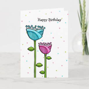 Fun Doodle Flowers blauw roze stippen Birthday Car Kaart