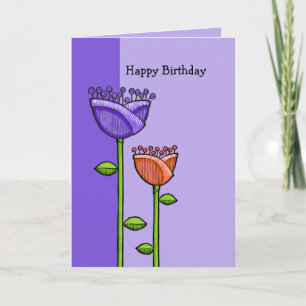 Fun Doodle Flowers paars sinaasappel Birthday Card Kaart