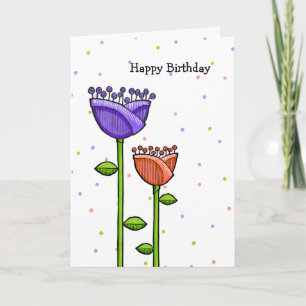 Fun Doodle Flowers paars sinaasappel stippen Birth Kaart