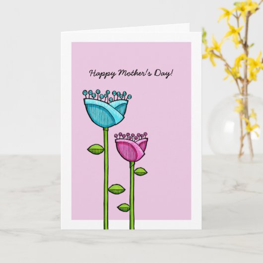 Fun Doodle Flowers roze blauwe Moederdag kaart (Gele Bloem)