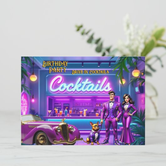 Fun Drive-in Cocktail Bar Birthday Couple Bulldog Kaart (Staand voorkant)
