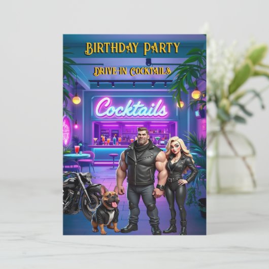 Fun Drive-in Cocktail Bar Verjaardag Biker Paar Kaart (Staand voorkant)
