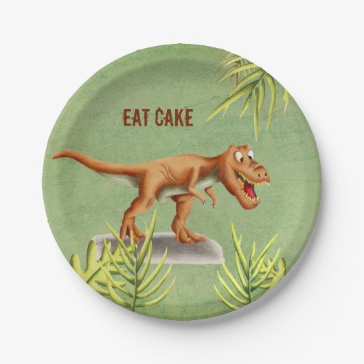 Fun Eat Cake Greenery T-Rex Children Party Papieren Bordje (Voorkant)