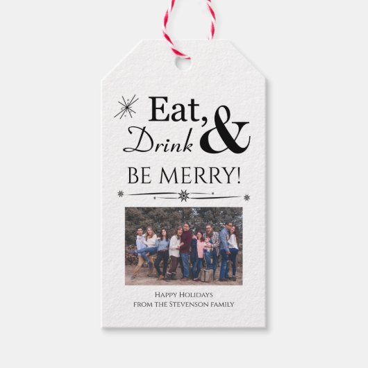 Fun Eat Drink & Be Merry Foto Retro Kerst Cadeaulabel (Voorkant)