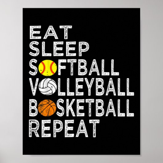 Fun Eat Slaap Softbal Volleybal Basketbal Jongens Poster (Voorkant)