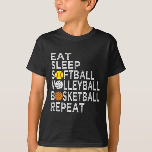 Fun Eat Slaap Softbal Volleybal Basketbal Jongens T-shirt (Voorkant)