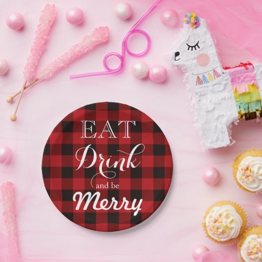 Fun Eet Drink en wees vrolijk rode buffalo plaid Papieren Bordje (Feest)
