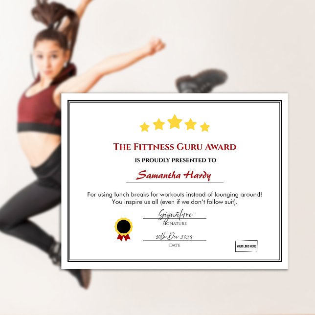 Fun Employee Award Certificaat - Fitness Guru (Customizable Award Certificate. Fun Office Workplace award certificate)