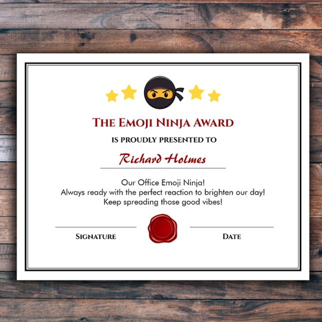 Fun Employee Award Certificaat - Sociaal directeur (Custom Emoji Ninja Fun Employee Award Certificate)