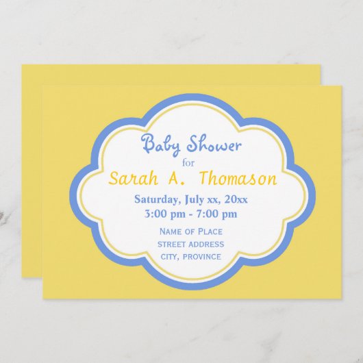 Fun en happy blue en yellow baby shower kaart (Voorkant / Achterkant)