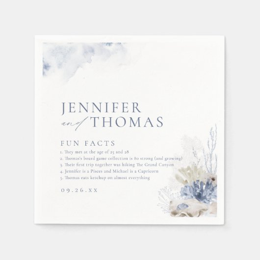 Fun facts blue koral & seizohells strand Weddensch Servet (Voorkant)