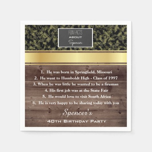 "Fun Facts" Elegant Camouflage Birthday Party Servetten (Voorkant)