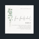 Fun Facts Eucalyptus Script 70th Birthday Party Servet<br><div class="desc">Fun Feit is dat het Eucalyptusscript 70th Birthday Party. De vlotte vlot ongeveer is in een geplaatst elegant manuscript. De rest van de tekst kunt u gemakkelijk personaliseren. De bladeren van de eucalyptus van de waterverf zijn links van de tekst.</div>