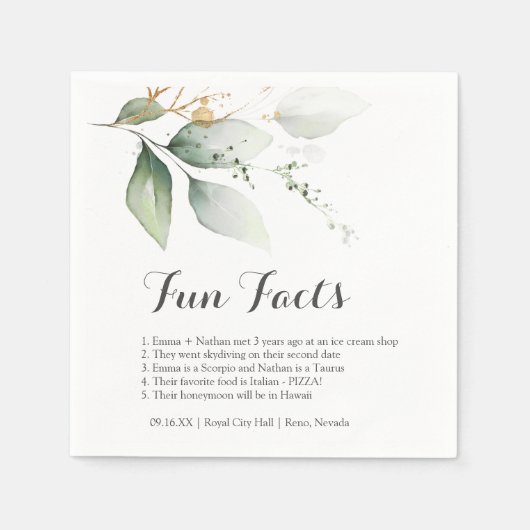 Fun Facts Greenery Gold Foliage vertrekt bruiloft Servet (Voorkant)