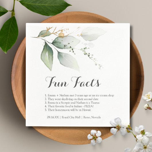 Fun Facts Greenery Gold Foliage vertrekt bruiloft Servet