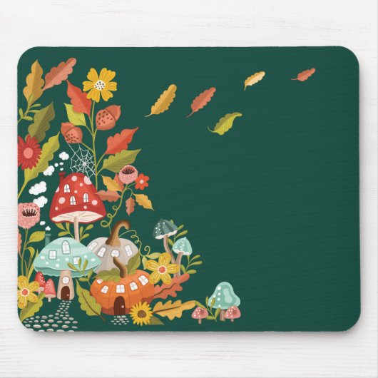 Fun Fairy Garden Autumn Leafs Mushrooms en pompoen Muismat (Voorkant)