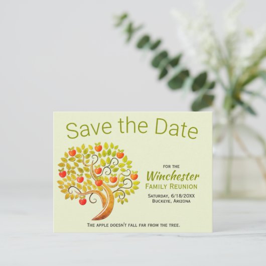 Fun Family Reunion Save the Date Apple Tree Custom Aankondigingskaart (Staand voorkant)