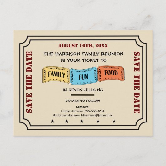 Fun Family Reunion Ticket voor het opslaan van de  Aankondigingskaart (Voorkant)